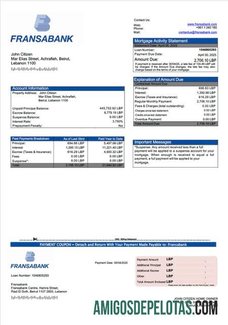imprimível Modelo Word e PDF de declaração de hipoteca do Líbano Fransabank